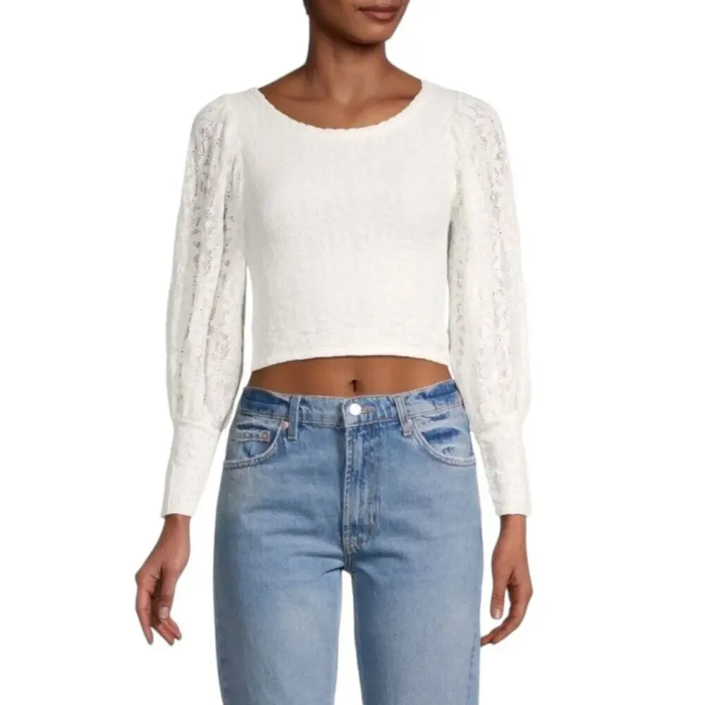 Free People Tea Time Cropped Lace Top White Round Neck Keyhole Back Size M